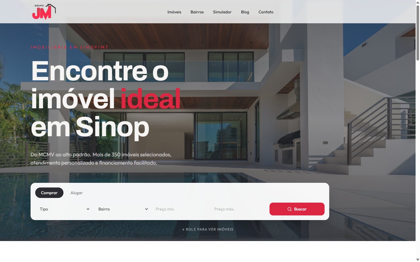 Site público da Grupo JM Imóveis: seção principal com 'Encontre o imóvel ideal em Sinop' e busca por tipo, bairro e preço.